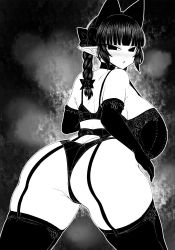 1girl :o animal_ears ass back bare_shoulders blush bra breasts butt_crack cat_ears commentary curvy elbow_gloves extra_ears garter_belt garter_straps gloves greyscale haseru_(ginku_mh) hip_focus huge_ass huge_breasts kaenbyou_rin monochrome no_nose no_tail pointy_ears ribbon solo thick_thighs thighhighs thighs touhou underwear underwear_only wide_hips rating:Explicit score:33 user:danbooru