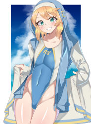  1boy blonde_hair blue_jacket blue_one-piece_swimsuit blue_sky bridget_(guilty_gear) bulge cloud commentary_request competition_swimsuit covered_navel cowboy_shot crossdressing green_eyes grin guilty_gear highleg highleg_swimsuit highres hood hooded_jacket jacket letterman_jacket long_hair multicolored_clothes multicolored_swimsuit nmasse one-piece_swimsuit short_hair sky smile solo swimsuit towel trap  rating:Questionable score:45 user:danbooru