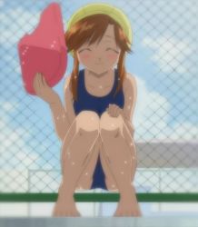  barefoot brown_hair chu-bra!! closed_eyes feet hayama_nayu highres kickboard one-piece_swimsuit school_swimsuit screencap solo squatting stitched swim_cap swimsuit third-party_edit  rating:Questionable score:18 user:danbooru