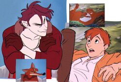  2boys brown_gloves chicken_little collarbone colored_sclera crossed_arms derivative_work fingernails foxy_loxy gloves highres humanization jacket male_focus multiple_boys open_mouth orange_hair orange_jacket red_hair red_jacket reference_inset scared screenshot_redraw smile the_fox_and_the_hound tod_(the_fox_and_the_hound) uochandayo yellow_sclera 