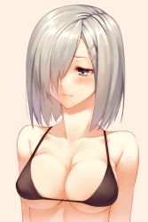  10s 1girl bad_id bad_twitter_id bare_arms bare_shoulders bikini bikini_top_only black_bikini blue_eyes blush breasts cleavage collarbone female_focus hair_ornament hair_over_one_eye hairclip hamakaze_(kancolle) kantai_collection large_breasts looking_away neck shiren shiren_(monochrome_structure) short_hair shy silver_hair simple_background solo swimsuit upper_body 