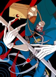  1boy bag bag_over_head blue_shirt covered_face doctor faust_(guilty_gear) gloves glowing glowing_eye guilty_gear guilty_gear_strive highres long_fingers looking_at_viewer male_focus pants paper_bag red_eyes shironasu_4 shirt simple_background solo stethoscope syringe white_gloves 