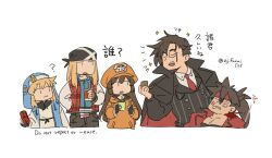  1girl 4boys :3 ? anger_vein asaya_minoru bandana black_cape black_jacket black_pants black_shirt blonde_hair blood blue_shirt bridget_(guilty_gear) brown_hair cabbie_hat cape character_request closed_eyes closed_mouth collared_shirt cropped_torso cup disposable_cup drinking_straw english_text guilty_gear guilty_gear_strive hair_between_eyes hand_in_pocket hat headband holding holding_cup holding_smoking_pipe hood hood_down hoodie jacket ky_kiske long_hair may_(guilty_gear) multiple_boys necktie open_clothes open_jacket open_mouth orange_hat orange_hoodie pants plaid plaid_jacket red_cape red_headband red_jacket red_necktie shirt simple_background skull_and_crossbones smoking_pipe sol_badguy sparkle striped_clothes striped_jacket translation_request vertical-striped_clothes vertical-striped_jacket very_long_hair white_background white_shirt 