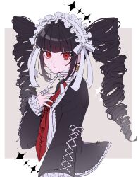  1girl black_hair black_jacket black_nails celestia_ludenberg center_frills cross-laced_clothes danganronpa:_trigger_happy_havoc danganronpa_(series) drill_hair earrings frills grey_background headdress highres jacket jewelry long_hair long_sleeves nail_polish necktie open_clothes open_jacket pote_(pote_39) print_necktie red_eyes red_necktie shirt solo teeth twin_drills twintails white_background white_shirt 