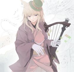  1girl :3 absurdres animal_ear_piercing animal_ears blonde_hair brh cat_ears cat_girl character_request facial_mark final_fantasy final_fantasy_xiv gloves green_hair hat here&#039;s_johnny!_(meme) highres holding_harp instrument japanese_clothes kimono long_hair meme mini_hat mini_top_hat miqo&#039;te music musical_note parted_lips pink_kimono playing_instrument red_eyes scene_reference staff_(music) top_hat warrior_of_light_(ff14) whisker_markings white_gloves 