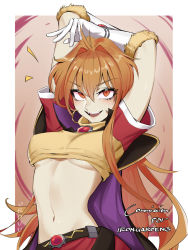  1girl arms_up belt black_belt breasts commission elbow_gloves fangs fur_trim gloves highres lina_inverse long_hair navel open_hand open_mouth orange_eyes orange_hair orouu pants red_pants shirt slayers smile solo stomach underboob v-shaped_eyebrows very_long_hair white_gloves yellow_shirt  rating:Sensitive score:37 user:danbooru