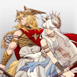  2girls animal_ear_fluff animal_ears arknights armband armor blonde_hair bow_(weapon) braid breastplate brown_eyes cape dlanon dress gauntlets holding holding_bow_(weapon) holding_weapon horse_ears horse_girl horse_tail implied_extra_ears laurel_crown long_hair multiple_girls nearl_(arknights) platinum_(arknights) red_cape tail weapon white_dress white_hair winged_hair_ornament  rating:General score:3 user:danbooru