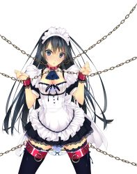 1girl apron bdsm black_eyes black_hair black_thighhighs blush bondage bound breasts chain cleavage collar cuffs cuffs-to-collar f-ism female_focus frills handcuffs highres long_hair looking_at_viewer maid maid_apron maid_headdress murakami_suigun original panties panty_pull puffy_sleeves ribbon skirt solo standing tears thigh_strap thighhighs underwear white_background white_panties zettai_ryouiki rating:Questionable score:96 user:danbooru