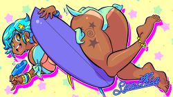  ass barefoot blue_eyes blue_hair character_name dark_skin food highres huge_ass ice_cream solo studio_gamaii surfboard thick_thighs thighs  rating:Explicit score:3 user:sirceclv