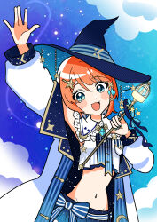  1girl absurdres arm_up blue_eyes blush_stickers brooch coat commission crop_top hair_ornament hat highres holding holding_wand indie_virtual_youtuber jewelry long_sleeves looking_at_viewer midriff navel open_mouth orange_hair shirt short_hair skeb_commission sky sleeveless sleeveless_shirt smile solo star_(symbol) star_hair_ornament sugarmonaka uiba_sora_(vtuber) virtual_youtuber wand witch witch_hat 