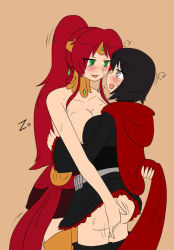  2girls ass breasts dress female_focus flat_color multiple_girls pussy_juice pyrrha_nikos ruby_rose rwby simple_background yuri  rating:Explicit score:20 user:Lord_shield