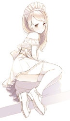 1girl ass bare_shoulders belt blonde_hair bow buckle closed_mouth dress frown full_body headdress highres kokudou_juunigou lace lace-trimmed_dress lace_trim leaning_to_the_side loli long_hair mary_janes off_shoulder original panties pantyshot reflection shoes simple_background sitting solo swept_bangs thighhighs underwear uniform upskirt white_background white_bow white_dress white_footwear white_panties yellow_eyes rating:Sensitive score:55 user:danbooru