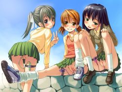  3girls :d arm_support bent_over black_hair blue_eyes blush bosshi cleft_of_venus come_hither discreet_vibrator egg_vibrator exhibitionism green_eyes green_hair grin hair_ribbon highres jpeg_artifacts leg_up legs lineup loli long_sleeves looking_at_viewer looking_back multiple_girls naughty_face no_panties open_mouth orange_hair petite ponytail public_indecency public_vibrator pussy red_hair remote_control_vibrator ribbon school_uniform serafuku sex_toy shameless silver_hair sitting skirt smile spread_pussy sweater sweater_vest take_your_pick thigh_gap thigh_strap toy_hole uncensored v vibrator yellow_eyes  rating:Explicit score:372 user:danbooru