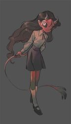  1girl black_hair black_sclera collared_shirt colored_sclera colored_skin demon_girl full_body grey_background highres horns kneehighs long_hair looking_at_viewer original pink_eyes pointy_ears red_skin robomb shirt shirt_tucked_in simple_background sketch skirt smile socks solo tail 
