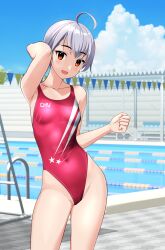  1girl absurdres ahoge blue_sky breasts clothes_writing cloud commentary_request competition_swimsuit contrapposto covered_navel day grey_hair highleg highleg_swimsuit highres lane_line one-piece_swimsuit original outdoors pool pool_ladder poolside print_swimsuit red_eyes red_one-piece_swimsuit short_hair sky small_breasts smile solo star_(symbol) star_print string_of_flags swimsuit takafumi tomboy variant_set 