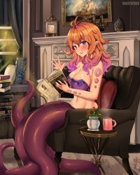 1girl antenna_hair armchair blue_eyes blush body_markings book breasts chair cleavage cup fireplace gradient_hair highres holding holding_book indoors large_breasts looking_at_viewer monster_girl monster_girl_encyclopedia multicolored_hair noiretox open_book open_mouth orange_hair painting_(object) pile_of_books plant purple_hair scylla scylla_(monster_girl_encyclopedia) sitting smile solo suction_cups tentacles vase waving window  rating:Sensitive score:26 user:danbooru