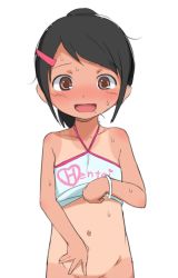1girl bad_id bad_twitter_id bangle black_hair blush bottomless bracelet brown_eyes bubukka camisole camisole_lift clothes_lift groin hair_bun hair_ornament hairclip halterneck hand_on_own_stomach jewelry lifting_own_clothes loli long_hair looking_at_viewer navel nose_blush one-piece_tan open_mouth original out-of-frame_censoring ponytail shirt_lift simple_background single_hair_bun smile solo sweat swept_bangs tan tanline upper_body white_background rating:Questionable score:188 user:danbooru