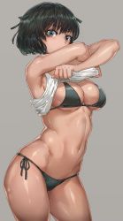 1girl absurdres armpits bikini black_bikini black_hair breasts cleavage clothes_lift covered_mouth cowboy_shot free_style_(yohan1754) fubuki_(one-punch_man) green_eyes grey_background highres large_breasts lifting_own_clothes looking_at_viewer navel one-punch_man shirt_lift short_hair side-tie_bikini_bottom simple_background solo standing string_bikini swimsuit tank_top underboob undressing rating:Questionable score:159 user:danbooru