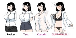  1girl ^_^ arms_behind_back black_bra black_eyes black_hair black_panties black_pants blouse blush bottomless bra breasts cleavage closed_eyes collared_shirt covered_erect_nipples cowboy_shot cropped_legs curtain_call_challenge_(meme) double_biub dress_shirt english_text half-closed_eyes heart high-waist_shorts highres large_breasts legs_together long_hair long_sleeves looking_at_viewer medium_hair meme multiple_views naked_shirt navel no_bra open_clothes open_shirt opened_by_self original panties pants see-through see-through_shirt shirt shirt_tucked_in short_shorts short_sleeves shorts simple_background sleeves_past_wrists smile speech_bubble spoken_heart standing taut_clothes taut_shirt underwear vvarstromig white_background white_shirt 