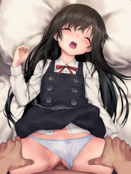  1boy 1girl ^_^ asashio_(kancolle) asashio_kai_ni_(kancolle) belt black_thighhighs blush censored closed_eyes clothed_female_nude_male clothed_sex clothes_lift clothing_aside dress dress_lift dress_shirt funitarefu highres kantai_collection loli long_hair missionary mosaic_censoring nude open_mouth panties panties_aside penis pov pov_crotch pov_hands pussy sex shirt solo_focus thigh_grab thighhighs underwear vaginal white_panties  rating:Explicit score:158 user:danbooru