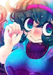 1girl :&gt; @_@ ahoge black_dress black_hair blue_background blue_eyes blush breasts close-up closed_mouth colored_sclera creatures_(company) curly_hair dress game_freak grin hair_between_eyes hairband hakkasame hand_up hands_up headband hex_maniac_(pokemon) long_hair looking_at_viewer medium_breasts nail_polish nintendo pink_nails pokemon pokemon_(creature) pokemon_xy purple_hairband purple_headband purple_sweater ribbed_sweater ringed_eyes short_sleeves simple_background smile spider_web_print sweat sweatdrop sweater tagme teeth turtleneck turtleneck_sweater very_long_hair wavy_mouth wide-eyed