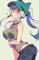  1girl animal_hat ass breasts butt_crack contemporary cowboy_shot denim dimples_of_venus flat_color flying_sweatdrops glasses hat jeans kagaminomachi_no_kaguya kaguya_(kagaminomachi_no_kaguya) kusanagi_tonbo large_breasts leaning_forward pants ponytail ribbed_sweater ribbed_turtleneck_sweater shirt sidelocks simple_background sleeveless sleeveless_shirt sleeveless_turtleneck solo standing sweater turtleneck turtleneck_sweater white_hair 