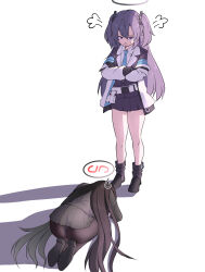  2girls puff_of_air ass black_footwear black_gloves black_hair black_pantyhose black_skirt black_suit blue_archive blue_necktie boots collared_shirt crossed_arms dogeza formal gloves halo highres jacket long_hair multiple_girls necktie off_shoulder open_mouth pantyhose purple_eyes purple_hair rio_(blue_archive) shirt simple_background skirt standing suit tonomiya68 two_side_up very_long_hair white_background white_jacket white_shirt yuuka_(blue_archive)  rating:Sensitive score:23 user:danbooru