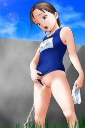 1girl blue_one-piece_swimsuit brown_eyes brown_hair clothing_aside cloud collarbone flat_chest grass holding lens_flare loli looking_down name_tag one-piece_swimsuit open_mouth outdoors pee peeing pink_cream pussy school_swimsuit short_hair sky solo standing swim_cap unworn_swim_cap swimsuit swimsuit_aside uncensored rating:Explicit score:94 user:danbooru