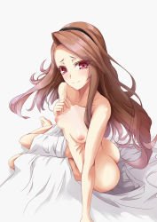  1girl ass bad_id bad_pixiv_id barefoot bed blush breasts brown_hair censored collarbone convenient_censoring hand_on_own_chest headband idolmaster idolmaster_(classic) legs long_hair looking_at_viewer minase_iori nipples nude on_bed pink_eyes ribs ridai sitting small_breasts smile solo very_long_hair 
