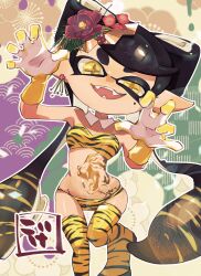  1girl :d alternate_costume animal_print bare_shoulders bikini black_bikini black_hair black_thighhighs blonde_hair bow-shaped_hair breasts callie_(splatoon) claw_pose cross-shaped_pupils detached_collar earrings fangs flower flower_earrings gloves groin hair_flower hair_ornament hands_up highres inkling jewelry koike3582 long_hair looking_at_viewer medium_breasts mole mole_under_eye multicolored_hair navel nintendo open_mouth outline pointy_ears print_bikini print_thighhighs red_flower single_earring skindentation smile solo splatoon_(series) stomach_tattoo strapless strapless_bikini striped_bikini striped_clothes striped_hair striped_thighhighs suction_cups swimsuit symbol-shaped_pupils tattoo teeth tentacle_hair thighhighs tiger_print tiger_tattoo two-tone_bikini two-tone_gloves two-tone_hair two-tone_legwear two-tone_thighhighs uneven_eyes very_long_hair white_gloves white_outline yellow_bikini yellow_eyes yellow_gloves yellow_thighhighs 