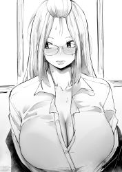 1girl :| bangs_pinned_back blush breasts cleavage closed_mouth collared_shirt dress_shirt facing_viewer folded_hair glasses greyscale hair_pulled_back highres huge_breasts inne_sulistya_robin long_hair looking_away looking_to_the_side monochrome norman_maggot original shirt solo sweat teacher upper_body white_shirt rating:Sensitive score:56 user:danbooru