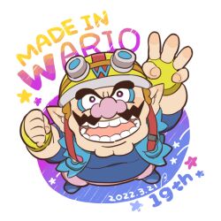  1boy anniversary bebe_0620 big_nose blue_footwear blue_shirt cleft_chin clenched_hand facial_hair fingerless_gloves gloves looking_at_viewer mustache nintendo open_mouth pants pink_pants pointy_ears shirt simple_background star_(symbol) thick_eyebrows wario warioware yellow_gloves 