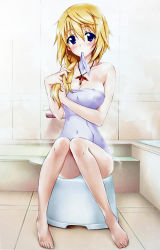  10s 1girl barefoot bathing blonde_hair blue_eyes breasts charlotte_dunois cleavage feet female_focus full_body indoors infinite_stratos long_hair sitting sitting_on_object solo steam towel  rating:Sensitive score:25 user:choileon
