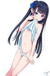  1girl artist_name black_hair blue_eyes blunt_bangs blush bow bow_panties breasts clothes_lift hair_ribbon highres kimagure_blue loli long_hair mouth_hold navel original panties panty_pull revision ribbon shirt_lift side_ponytail simple_background small_breasts solo strap_slip sweat underboob underwear undressing very_long_hair white_background white_panties  rating:Questionable score:88 user:danbooru