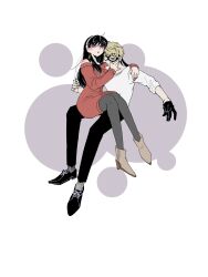  1boy 1girl bare_shoulders black_hair blush breasts dress earrings gold_earrings green_eyes hairband highres husband_and_wife jewelry kohi_nnnn25 large_breasts long_hair long_sleeves looking_at_viewer open_mouth red_eyes red_sweater sidelocks spy_x_family sweater twilight_(spy_x_family) white_hairband yor_briar 