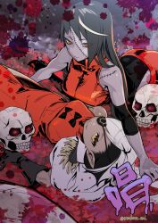 2girls absurdres ado_(utaite) arm_support bare_shoulders black_gloves black_hair blood blood_splatter dress eyepatch frown gloves grey_hair highres long_hair looking_at_viewer lugosi_(show_(ado)) lying madara_sai multiple_girls on_back on_stomach orange_dress orange_pants orange_shirt pants patchwork_skin pointy_ears romero_(show_(ado)) shirt show_(ado) skull smile song_name stitched_arm stitched_face stitches twitter_username upper_body yellow_eyes zombie