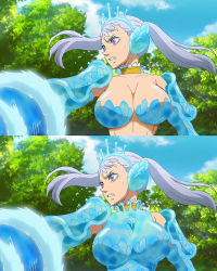 absurdres armor armored_dress bikini_armor black_clover breasts collage collarbone highres huge_breasts impossible_clothes large_breasts noelle_silva pauldrons purple_eyes screencap shoulder_armor silver_hair strapless third-party_edit tiara twintails water weapon  rating:Sensitive score:70 user:Anonstar