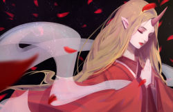 1girl alternate_hair_color alternate_skin_color bad_id bad_pixiv_id black_background blonde_hair closed_eyes eyeshadow hands_up highres horns japanese_clothes kimono league_of_legends long_hair makeup own_hands_together petals red_kimono single_horn solo soraka_(league_of_legends) thedistantdawn very_long_hair wide_sleeves rating:Sensitive score:2 user:danbooru