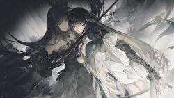  2girls bare_shoulders black_dress breasts china_dress chinese_clothes chinese_commentary choker chouyin_vhu cleavage commentary_request copyright_name dark_persona dress dual_persona gem grey_eyes hair_ornament hand_on_another&#039;s_face hat headdress highres holding holding_sword holding_weapon logo mole mole_under_mouth multiple_girls official_alternate_costume official_art punishing:_gray_raven qu:_shukra_(punishing:_gray_raven) qu_(punishing:_gray_raven) smile sword weapon 