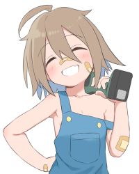  1girl ^_^ bandaid bandaid_on_face bandaid_on_nose bare_shoulders blue_overalls blush brown_hair bubukka closed_eyes do_it_yourself!! facing_viewer female_focus grin hand_on_own_hip loli naked_overalls off_shoulder overalls short_hair simple_background smile solo tagme upper_body white_background yua_serufu  rating:Sensitive score:162 user:danbooru