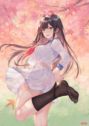 1girl artist_name atdan autumn autumn_leaves blue_sailor_collar breasts brown_hair commentary floating_hair green_eyes highres leaf leg_up long_hair long_sleeves looking_at_viewer maple_leaf medium_breasts midriff miniskirt neckerchief no_shoes open_mouth original pleated_skirt red_neckerchief revision sailor_collar school_uniform serafuku shirt shirt_overhang sidelocks skirt smile solo standing standing_on_one_leg thighhighs thighhighs_pull white_shirt white_skirt rating:Sensitive score:29 user:danbooru