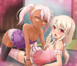 2girls after_kiss all_fours arm_support asymmetrical_bangs bare_shoulders black_thighhighs blush bracelet breasts breasts_out chloe_von_einzbern collarbone dark-skinned_female dark_skin fate/kaleid_liner_prisma_illya fate/stay_night fate_(series) female_focus female_pervert flat_chest girl_on_top hair_ornament highres illyasviel_von_einzbern indoors jewelry licking_lips loli long_hair looking_at_viewer lying miniskirt multiple_girls negija nipple_slip nipples no_bra open_mouth pervert pink_hair pink_shirt plaid pleated_skirt purple_shirt red_eyes saliva saliva_trail shirt short_shorts shorts side_ponytail sidelocks skirt sleeveless sleeveless_shirt small_breasts smile strap_slip striped_clothes striped_thighhighs thighhighs tongue tongue_out twintails two-tone_skirt white_hair yellow_eyes yuri rating:Questionable score:283 user:danbooru