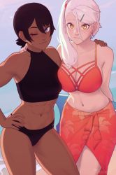 2girls ;3 abs andrea_vaeyl artist_name bare_shoulders blue_eyes breasts collarbone commentary dark-skinned_female dark_skin earrings english_commentary hair_between_eyes hair_ornament hairclip hand_on_another&#039;s_shoulder hand_on_own_hip jewelry k&#039;lyn kickboard large_breasts long_hair looking_at_viewer midriff multiple_girls nail_polish navel one_eye_closed original pink_nails razalor sarong short_hair side_ponytail smile stud_earrings toned yellow_eyes rating:Sensitive score:102 user:danbooru