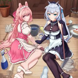  2girls absurdres ahoge animal_ears antlers apron black_collar black_dress black_gloves black_thighhighs blue_eyes blue_ribbon bottle breasts bucket bucket_of_water cake cake_slice cleavage closed_mouth collar cup deer_antlers deer_ears deer_girl dress efreezerarts elbow_gloves food frilled_apron frilled_collar frilled_skirt frills fur-trimmed_gloves fur_trim glass gloves grey_hair hair_ribbon hakushika_iori halterneck highres holding holding_mop horns ice ice_cube large_breasts long_hair maid maid_headdress mop multiple_girls on_floor phase_connect pink_eyes pink_hair pink_skirt pipkin_pippa plant plate pom_pom_(clothes) potted_plant rabbit_ears rabbit_girl ribbon saucer second-party_source see-through see-through_cleavage shoes skirt smile spill sponge spray_bottle teacup thighhighs tray unworn_shoes virtual_youtuber waist_apron washing water white_apron white_footwear white_wrist_cuffs wooden_floor wrist_cuffs  rating:Sensitive score:8 user:danbooru