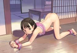 1girl all_fours ass barefoot bdsm bondage bottomless bound brown_eyes brown_hair collar feet hanainu_(orange_bullet) indoors loli on_floor slave solo source_request top-down_bottom-up rating:Questionable score:434 user:krea