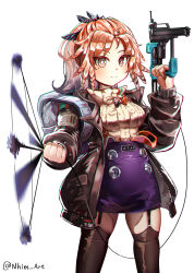  1girl absurdres arknights backpack bag black_jacket black_thighhighs blue_skirt blush brown_eyes brown_sweater buttons cable_knit chromatic_aberration closed_mouth cowboy_shot double-breasted double_strap_slip feather_hair garter_straps high-waist_skirt highres holding_tool jacket legs_apart long_hair long_sleeves looking_at_viewer mole mole_under_eye nail_gun nhim open_clothes open_jacket orange_hair pinecone_(arknights) ponytail power_cord ribbed_sweater sidelocks simple_background skirt smile solo spinning suspender_skirt suspenders sweater thighhighs turtleneck twitter_username white_background zettai_ryouiki 