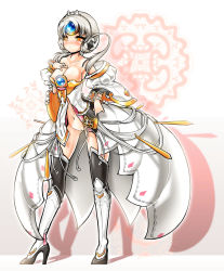  1girl alternate_breast_size bad_id bad_pixiv_id bare_shoulders black_thighhighs blush boots bracelet braid breasts cleavage code:_empress_(elsword) collarbone detached_sleeves dress elsword eve_(elsword) forehead_jewel hair_ornament high_heels jewelry large_breasts navel no_panties poseich pussy shoes short_hair skirt solo strapless strapless_dress thighhighs uncensored updo white_background white_hair yellow_eyes  rating:Explicit score:40 user:Fallei