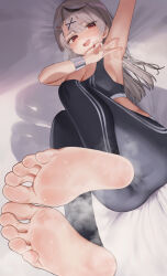  arm_up armpits barefoot black_hair black_pants blush breasts cameltoe cleavage crop_top fang feet grey_hair hair_ornament highres hololive hololive_dance_practice_uniform large_breasts legs_up long_hair looking_at_viewer lying multicolored_hair official_alternate_costume on_back open_mouth pants red_eyes red_nails rryiup sakamata_chloe sideboob soles steam streaked_hair sweat toes v virtual_youtuber wristband x_hair_ornament yoga_pants  rating:Sensitive score:80 user:danbooru