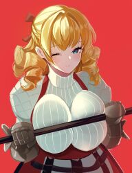  1girl blonde_hair blue_eyes breast_press breasts commentary_request dress drill_hair gauntlets hair_intakes highres holding holding_staff large_breasts one_eye_closed red_background red_dress scarlett_(unicorn_overlord) smile solo staff sweater sweater_under_dress tomoyuki_hino turtleneck turtleneck_sweater unicorn_overlord wink  rating:General score:31 user:danbooru
