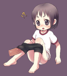  !? barefoot black_eyes black_hair blush clothes_pull feet grey_background gym_uniform highres loli open_mouth panties pants pants_pull penis penis_under_another&#039;s_clothes rubbing short_hair simple_background sitting sweatdrop tagme ueno_musashi underwear white_panties  rating:Explicit score:20 user:ytldhd